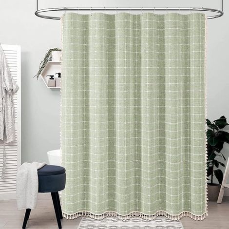 Cortina de ducha estilo bohemio campestre，juego de cortina de ducha rústica de lino de tela gruesa con borla，verde salvia，72x72 pulgadas (1/5)