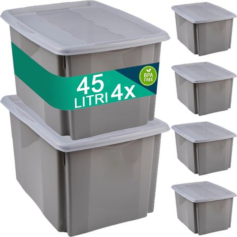 Set Scatole 4x45 L Portaoggetti Grigio Plastica Cassetto Contenitore Salvaspazio (1/4)