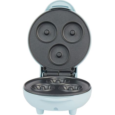 Petra PT4693BLNVDE - Macchina per mini ciambelle, elettrica e antiaderente, piastra da 12,5 cm, preriscaldamento circa 2 minuti, facile pulizia, 3 ciambelle per volta, compatta, 550 W, blu pastello (1/5)