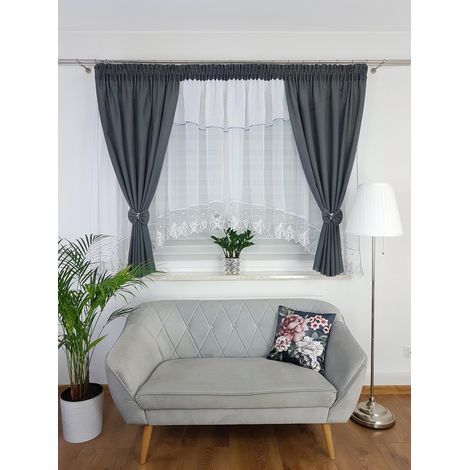 Cortina confeccionada con drapeados decorados con un lambrequín - gris (1/5)