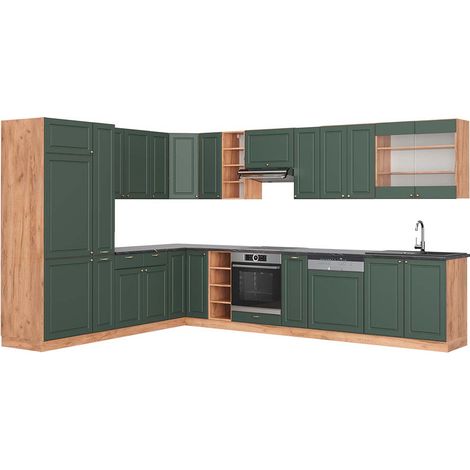 Cuisine en angle Fame-Line, Vert Or Campagne/Chêne de force doré, 347 x 257 cm, PT Anthracite, Vicco