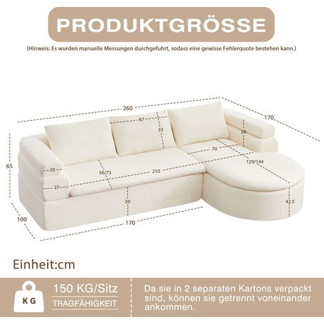 L-förmiges Ecksofa mit Chaiselongue, Modernes Chenille Sofa im Wolken-Design, Gemütliches 3-Sitzer Wohnzimmer-Sofa mit gebogener Liegefläche, Kuscheliger Bezug in Cremeweiß für Wohnraum & Apartments. (1/5)