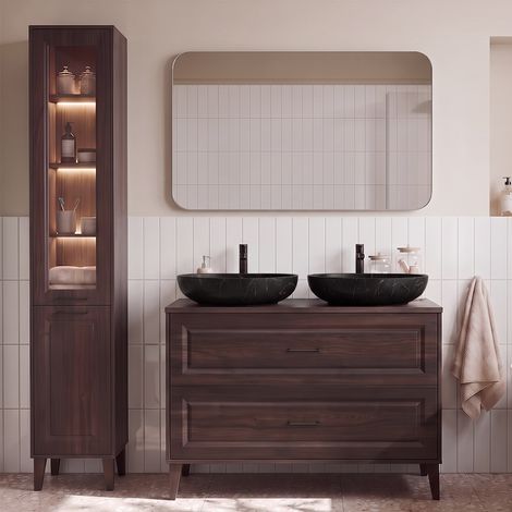 Ensemble meuble double vasque 120cm et colonne Moka Bois foncé (1/5)