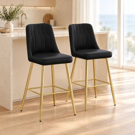 Taburetes de bar lote de 2, altura 100 cm, PU negro y metal dorado, con reposapiés DESVIAE (1/5)