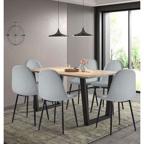 Hallowood Furniture Dudley Dining Table and Chairs Set 6, Large Oak Effect Kitchen Table (150cm) with Chunky Black U-Shaped Metal Legs and Grey Fabric Chairs, Modern Dining Set