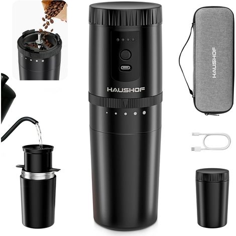 Machine à Café Portable Tout-en-Un avec Broyeur Intégré 5 Réglages de Mouture, Rechargeable USB-C, Mug Isotherme 300 ml, pour Voyage et Camping, Noir (1/5)