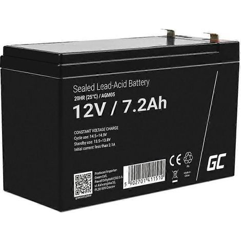 Batterie Green Cell AGM VRLA 12 V 7,2 Ah sans entretien pour systèmes d'alarme, caisses enregistreuses, jouets