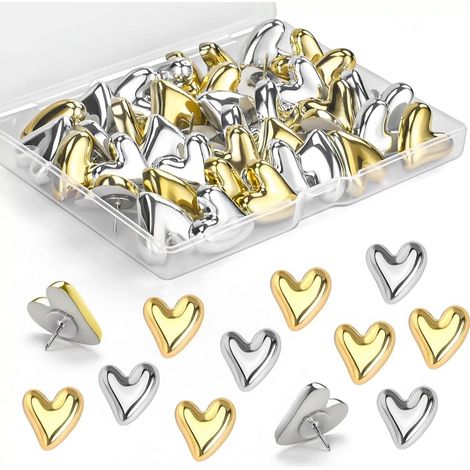 CCYKXA  Set mit 30 gold- und silberfarbenen, herzförmigen Deko-Reißzwecken für Pinnwände, Pinnwände, Büro- und Heimwanddekoration