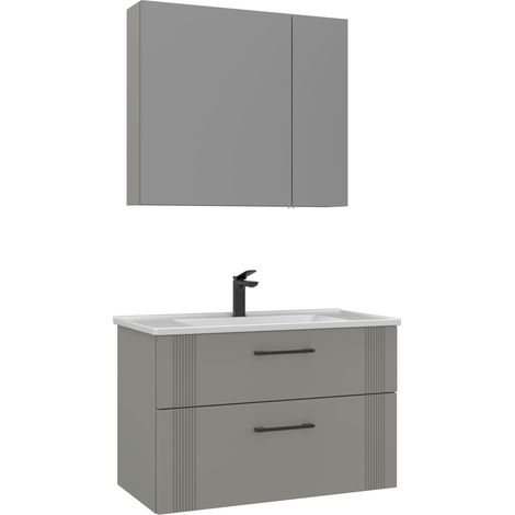 Waschtisch-Set mit Spiegel (2-teilig) "Bari 85 v2" – 85 x 45 x 55 cm – Matt-Kaschmir (1/3)