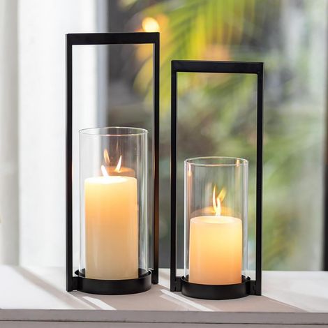 Bougeoir Support pour Bougies Piliers : Bougeoir Moderne Noir pour Centre de Table - 2 pièces Lanterne à Bougie Minimaliste avec Cylindre de Verre pour Salon Cheminée Dîner Noël Décoration (1/5)
