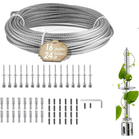 Outdoor Climbing Plant Cable, 24 m, 16 Supports, Stainless Steel Support for Climbing Plants Such as Pink, Vines and Tomatoes, Climbing Plant Growth Aid (1/5)