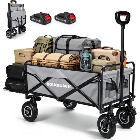 Chariot Électrique Pliable 268L Moteurs 2x50W Charge 80kg Électrique /120kg Manuel Pneus Gonflables, Cadre Acier Renforcé Poignée Réglable 68-100cm Compatible Batterie Makita 14,4V pour Camping Jardin (1/5)