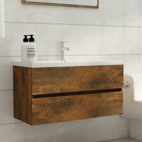 815654 vidaXL Sink Cabinet Smoked Oak 90x38,5x45 cm Engineered Wood (1/5)