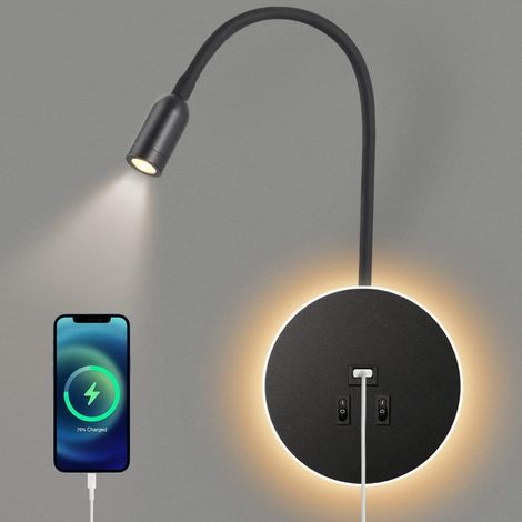 Applique murale LED,Col de Cygne Lumière, liseuse de chevet avec interrupteur, port de charge USB, éclairage d'ambiance de chambre à coucher Spot réglable (3W 300K + 8W 6000K) Noir (1/5)