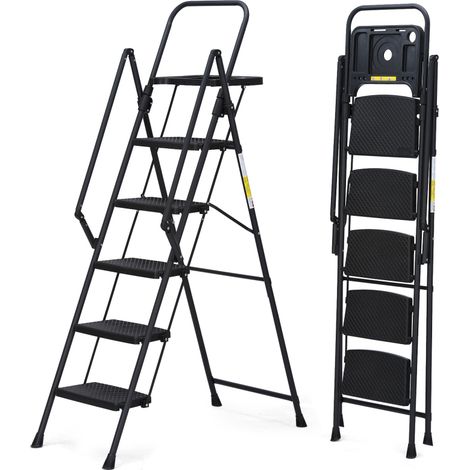Escabeau à 5 marches, escabeau pliable avec plateau porte-outils et larges pédales antidérapantes, échelle en acier robuste, rampes pratiques, escabeau portable en acier léger (1/5)