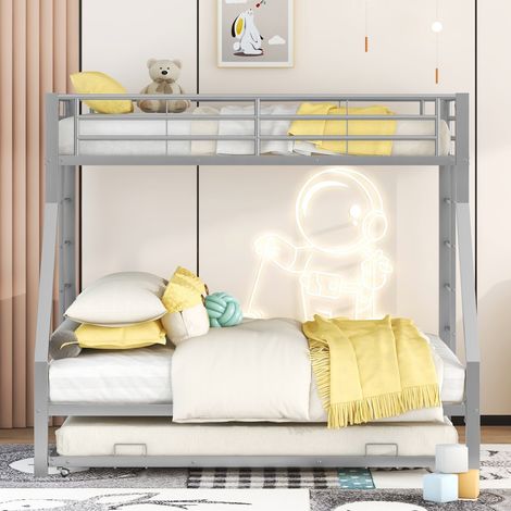 Letto a castello bambini 90x200 cm / 140x200 cm / 90x190 cm - con 2 scale, rete a doghe in metallo, letto triplo - grigio