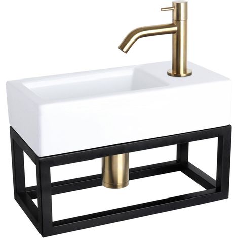 Differnz Ravo kit lave-mains - 38.5x18.5x25cm - Rectangulaire - 1 trou de robinet - Robinet courbé doré mat - avec cadre noir - Céramique Blanche (1/5)