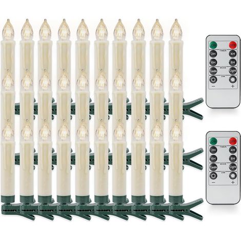 Lot de 30 bougies LED de Noël à clip H 10,5 cm sans flamme avec télécommande pour sapin de Noël, bougies LED à piles avec minuteur résistantes à l'eau, 2 télécommandes incluses (1/5)