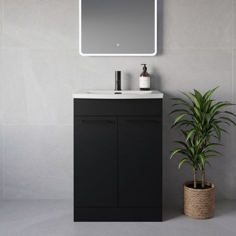 Napoli 390 Nero Oak 600mm 2 Door Vanity Unit with Arc Basin - 600mm - Matt Black 160mm Handle