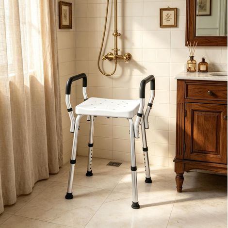 Silla de ducha compacta de aluminio blanco 52x45x57-69 cm FloraGrace (1/5)