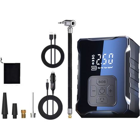 Gonfleur Electrique, Mini compresseur d’air 150PSI Pompe à vélo électrique avec affichage LED numérique Lumière LED Compresseur de batterie 3600mAh pour voiture, vélo, moto, basket-ball, football (1/5)