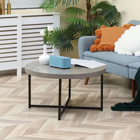 Runder Couchtisch in Wachsbetonoptik, aus Holz und Metall – Ø 80 x 45 cm – Kreuzfuß