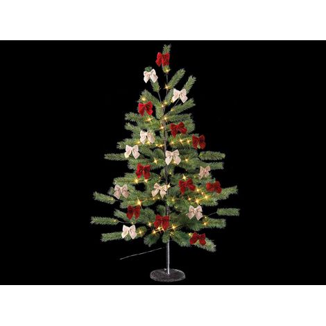 Pini natalizi / alberi di Natale da H 160 con 128 luci LED bianco caldo e 128 rami, con 48 fiocchetti in velluto rossi e beige, Mt 1,60 H