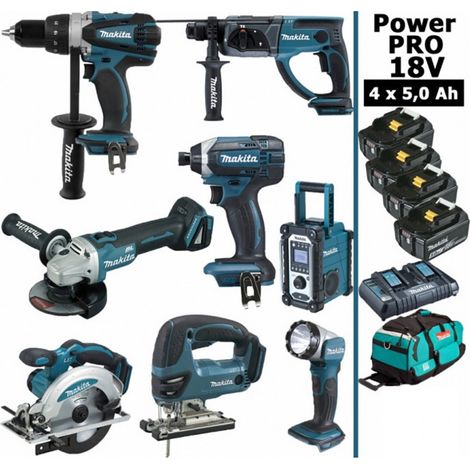 Pack Makita Power PRO 8 outils 18V: DDF458 + DHR202 + DGA504 + DTD152 + DJV180 + DSS610 + DMR108 + DEADML802 + 4 batt 5Ah + sac (1/5)