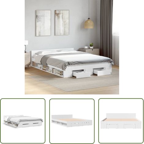The Living Store Bettgestell mit Schubladen Weiß 135 x 190 cm Holzwerkstoff - Bettes - Doppelbett - Holzrahmen - Schubladenschrank - Schlafzimmereinrichtung (1/5)