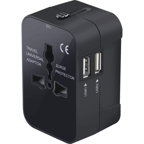 Adaptateur de voyage, adaptateur secteur universel tout-en-un dans le monde entier, chargeur mural international avec deux ports de charge USB pour téléphone portable US EU UK AUS Europe (noir) (1/5)