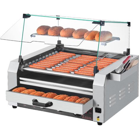 VEVOR Rullo per Hot Dog, 30 Hot Dog 11 Rulli, Cuocitore per Salsicce in Acciaio Inox da 2400 W Scalda Panini, Coperchio, 3 Controlli di Temperatura, Contenitore Laterale, Vassoio Raccogli-Olio