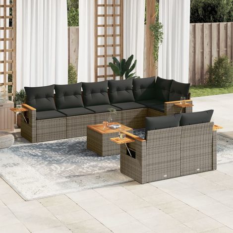 9-tlg. Garten-Sofagarnitur mit Kissen Grau Poly Rattan (1/3)