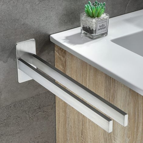 1 Porte-serviettes double, barre acier inoxydable, fixation adhésive, salle de bain cuisine (1/5)