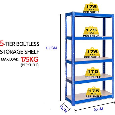 180cm Blue Heavy Duty 5 Tier Boltless Shelving Unit Warehouse Garage Utility Home Storage Rack, Adjustable - Can be split to create 2 seperate Shelf Units (1/5)