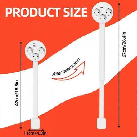 Rallonge de prise réglable avec USB-A, USB-C et 2 prises secteur, multiprise télescopique de 18 à 28 pouces pour les endroits difficiles d'accès, rallonge de prise rotative à 180°. (1/5)