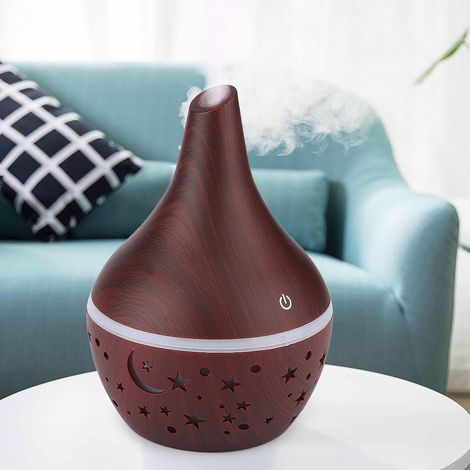 Humidificateur d'air USB en bois grain miniature portable bureau, lumière nocturne, veinage bois foncé creux (1/5)