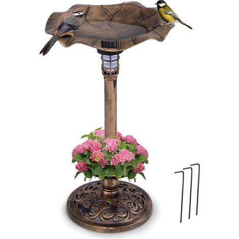 Bain d'oiseaux Énergie Solaire, Décoration d'Extérieur sur Piédestal Rétro avec Mangeoire avec Bol en Feuille de Lotus, Abreuvoir pour Oiseaux, Bronze (1/5)
