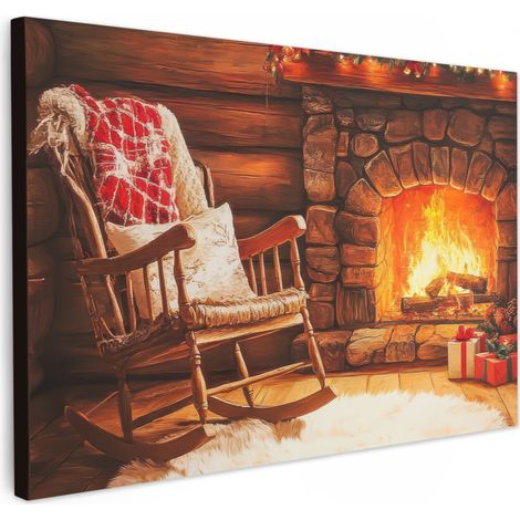 TABLEAU SUR TOILE Hiver - Noël - Maison - Cheminée Toile Peinture Grand Format XXL 150x100 cm