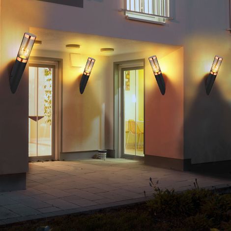 Lampada da parete lampada da parete per esterni in acciaio inox da giardino Lupfer lampada da parete fumo torcia esterna, fumo nero, 1x E27, LxA 7,6x41 cm, set di 4