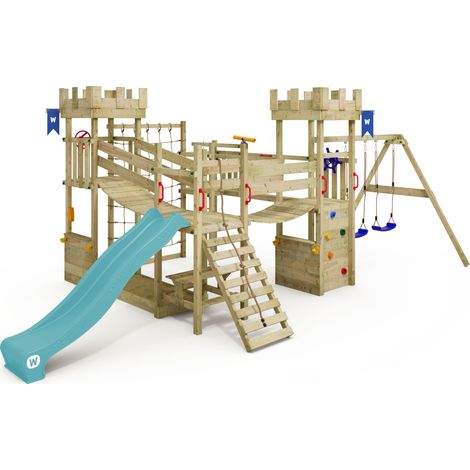 Wickey tour de jeux Smart Arch avec filet d'escalade et ponts suspendus, château fort, grand bac à sable, comptoir de jeu, table de pique-nique, mur d'escalade, corde d'escalade, extrêmement résistant