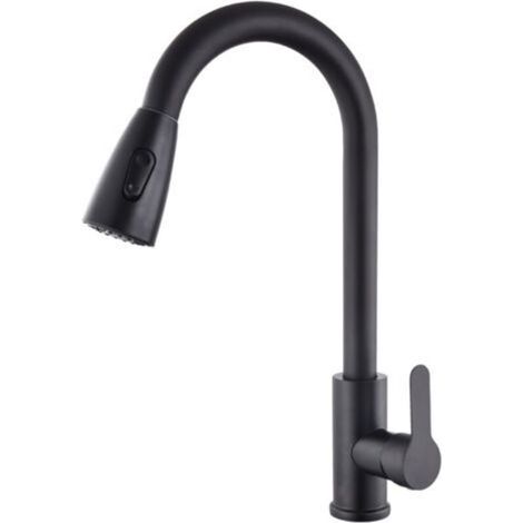 Household Kitchen Sink Pull-Out Faucet, Black Stainless Steel, Telescopic, Rotating Hot and Cold (1/5)