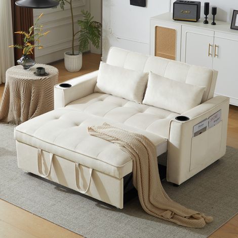 Eifson – Canapé convertible velours avec porte-gobelets – Dimensions 137 x 76,5 x 83 cm – Réglage dossier 3 niveaux – Capacité 150 kg – Beige (1/5)