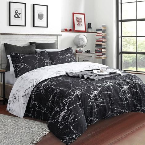 Duvet Cover 220x240cm + 2 Pillowcases 50x75cm - Reversible Black and White Marble Bedding Set for 2 Adults (1/5)