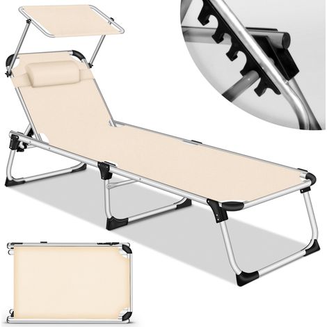 tillvex® Sonnenliege mit Dach und Kopfkissen Beige - Basic Polsterung  Gartenliege Liegestuhl klappbar  Strandliege mit verstellbarer Rückenlehne, Tragegriff, gepolsterte Liegefläche  Aluminium Liege