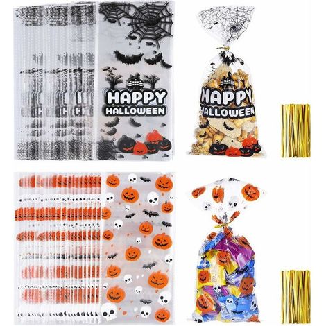 100 Pièces Sacs de Bonbon Friandises en Cellophane d’Halloween Sachets de Cadeaux Transparents avec 100 Pièces Cravates Torsadées pour Fournitures de Fête de Halloween