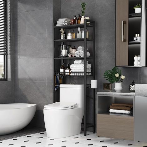 Étagère de Toilette Multifonctionnelle Ajustable à 4 Niveaux avec Panier pour Salle de Bain et Toilettes, Gain de Place, Facile à Assembler - Noir (1/5)
