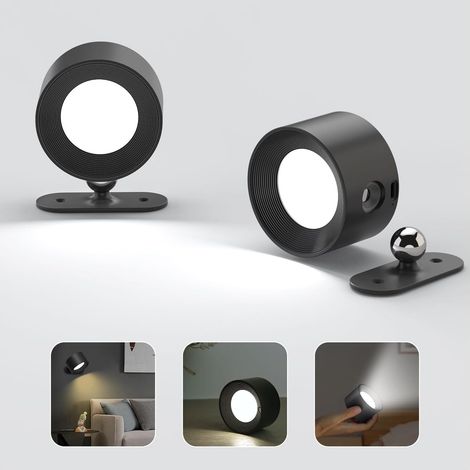 LED Wandleuchte Innen, Wandlampe mit Akku 2 Stück,Touch Control 3 Helligkeitsstufen, 360° drehbare, für Wohnzimmer Schlafzimmer TreppenhausFlur kabellose wandleuchten Schwarz (1/5)