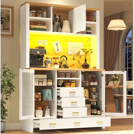 Anrichte MDF in Weiß mit Holzdekor, 120x40x188 cm, mit LED-Lichtleiste, Glasböden und großem Stauraum (1/5)
