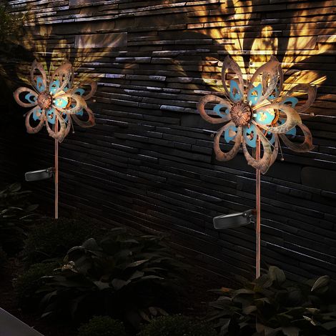 Gartendeko LED Solarlampe Windrad Terrassenlampe Außenlampe Erdspieß, Metall gold blau, Bruchglas, LxH 22,5 x 92 cm, 2er Set
