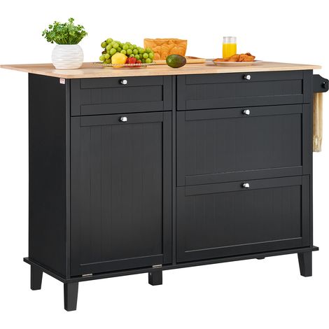 VEVOR - Carrito de cocina con isla, barra de desayuno de madera de 50" con gabinete para basura, inclinable, 10 galones de almacenamiento, mesa de comedor estilo granja con hojas abatibles, barra para